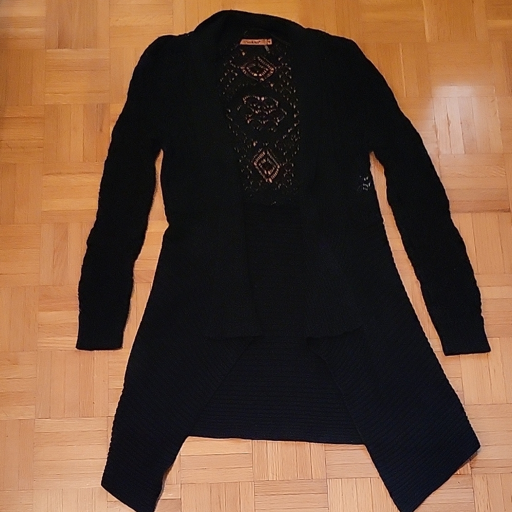 Belldini Black Elegant Open Cardigan Sweater, Crochet Lace Back & Sleeves, M - Picture 15 of 16